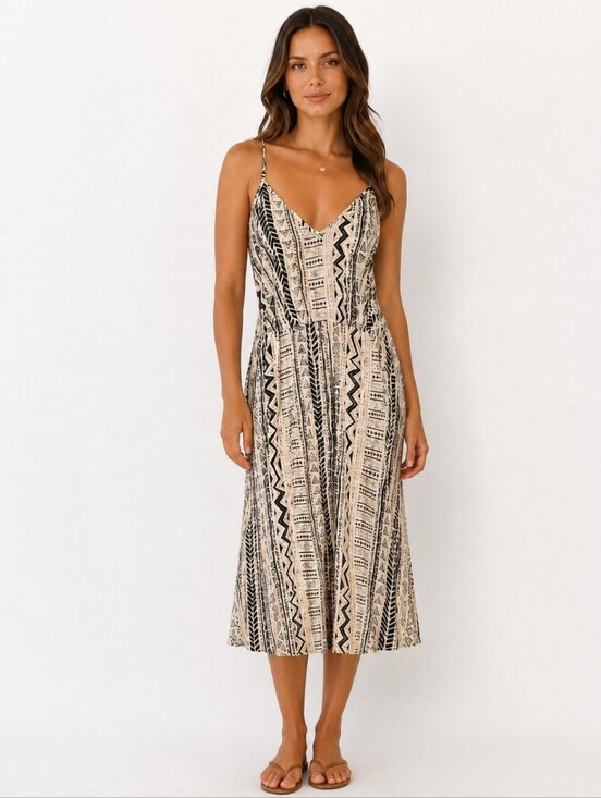SHEIN Dresses & Skirts - Shein Beige & Black Print Sundress with Spaghetti Straps, Size 0XL or Size 12
